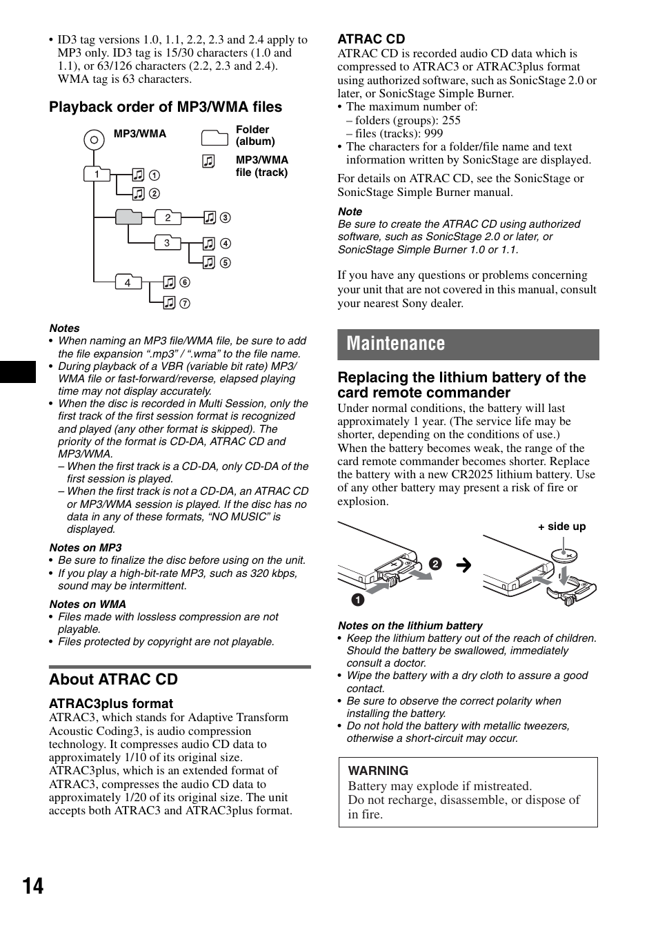 About atrac cd, Maintenance, Playback order of mp3/wma files | Sony CDX-A360 User Manual | Page 14 / 96