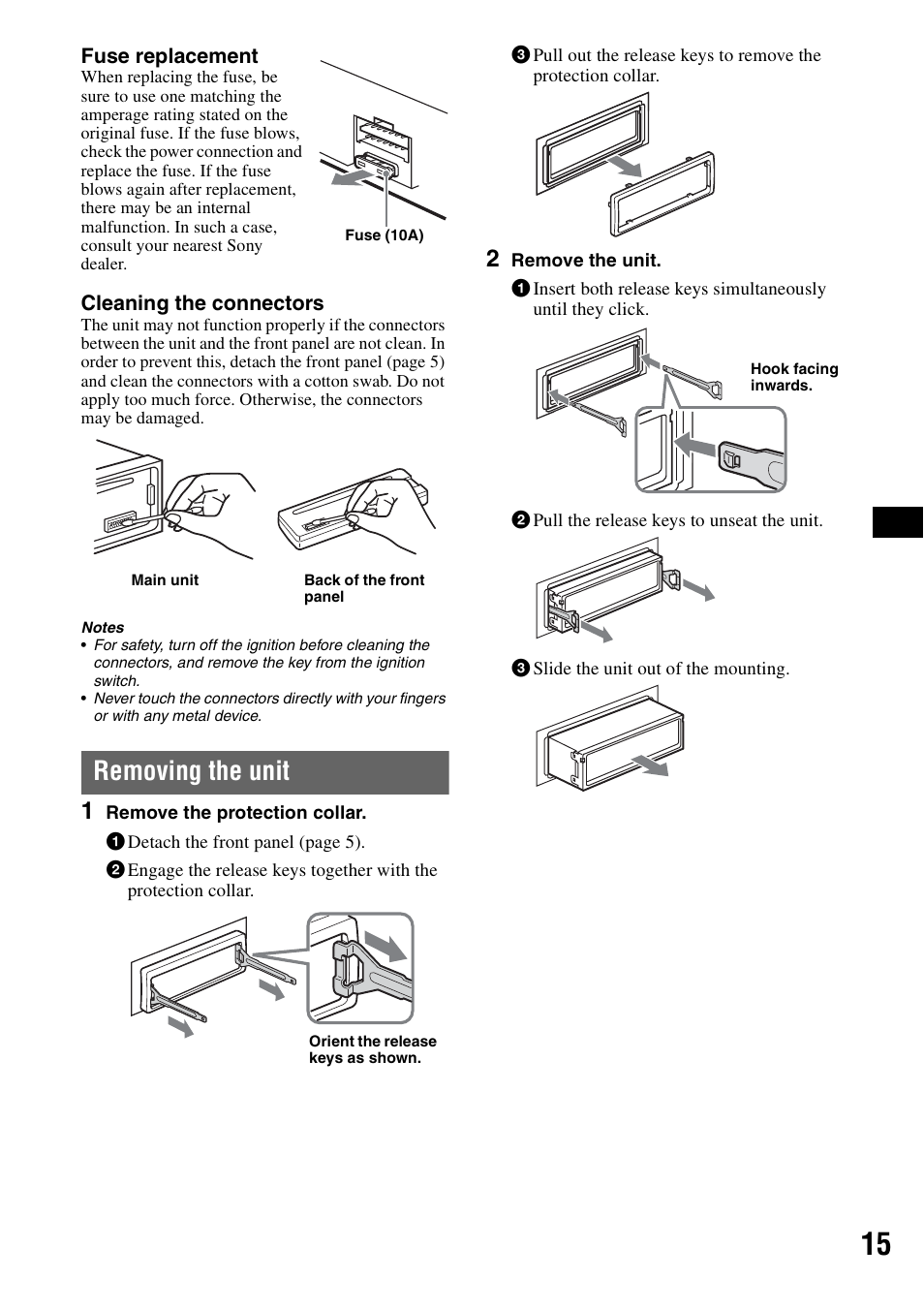 Removing the unit | Sony CDX-A360 User Manual | Page 15 / 96