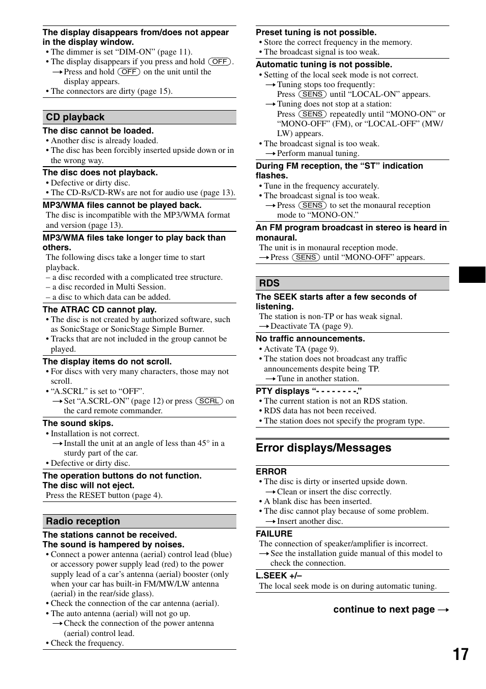 Error displays/messages | Sony CDX-A360 User Manual | Page 17 / 96