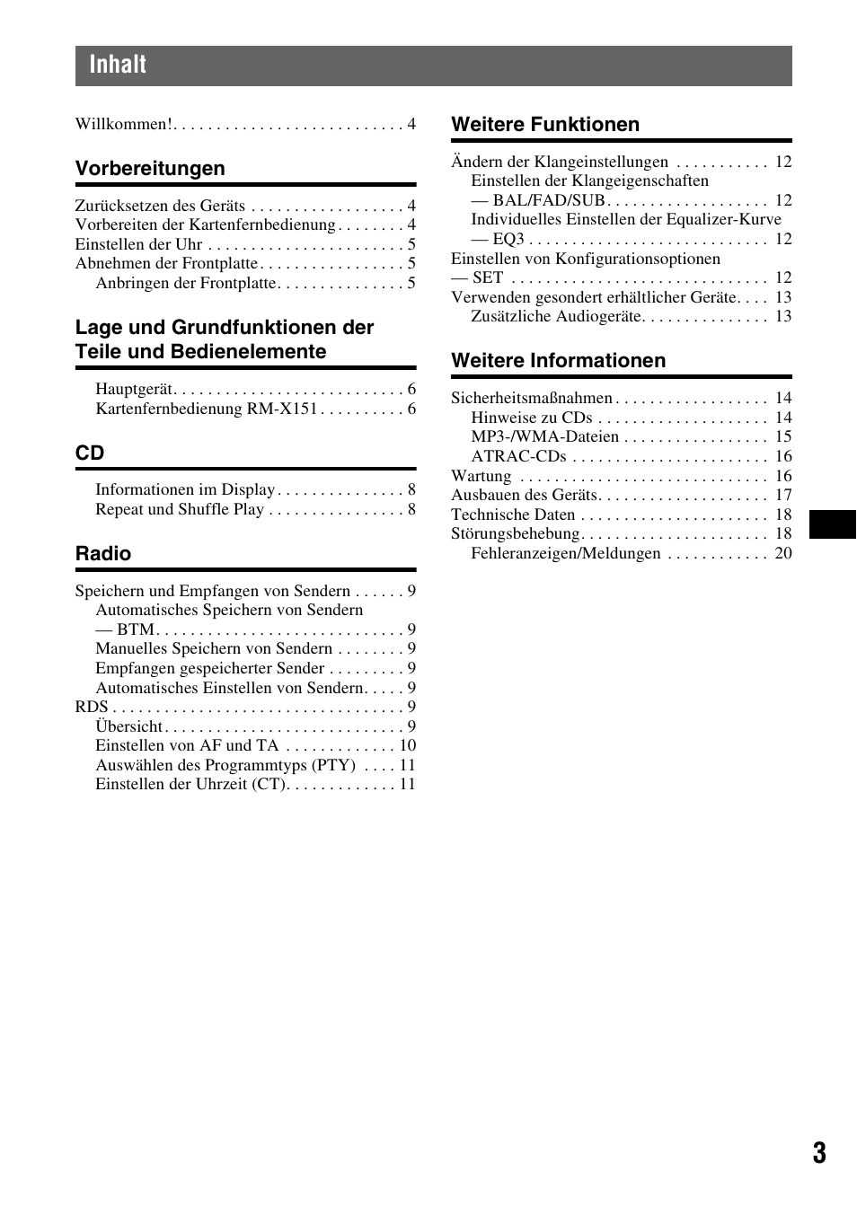 Inhalt | Sony CDX-A360 User Manual | Page 21 / 96