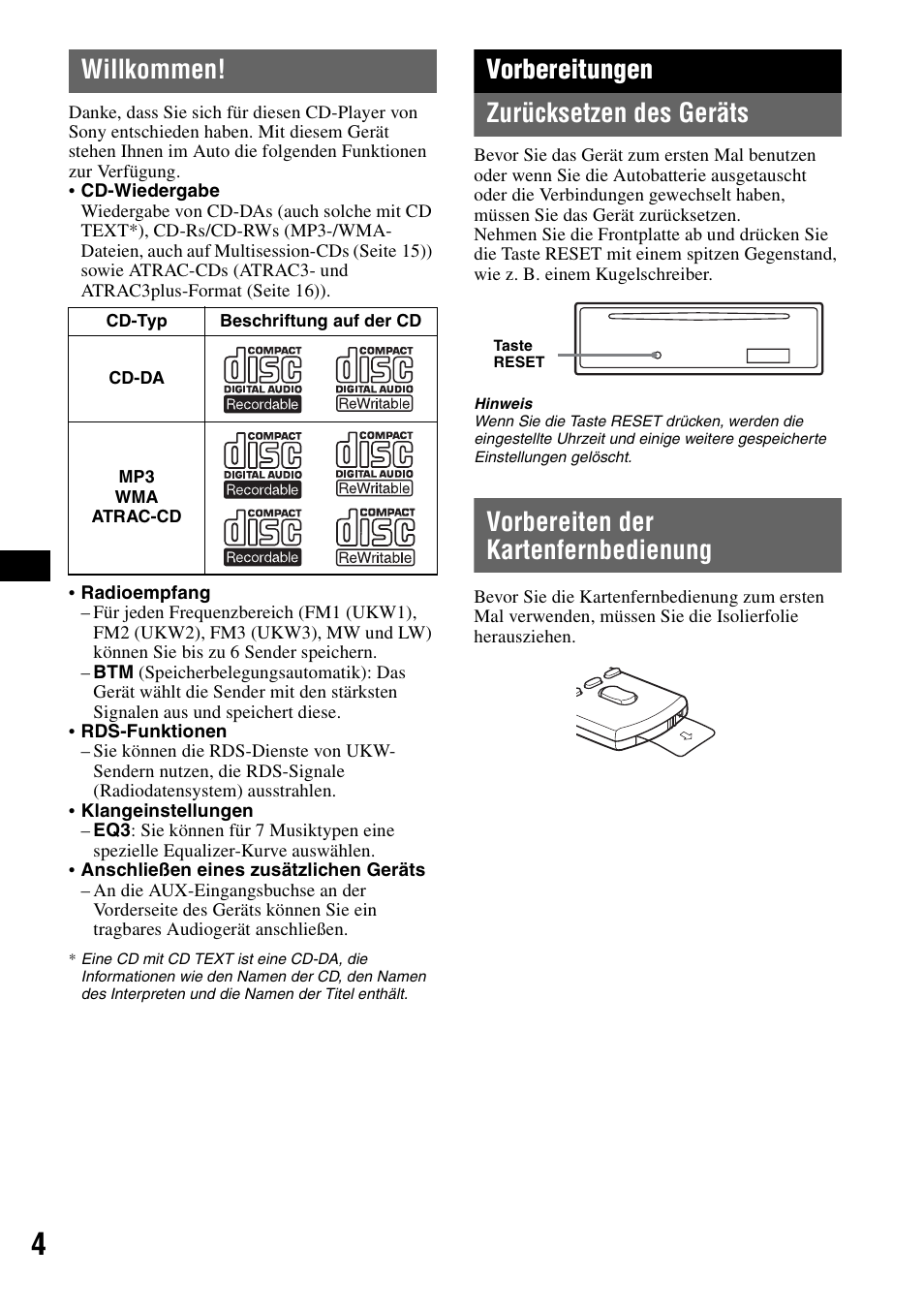 Willkommen, Vorbereitungen, Zurücksetzen des geräts | Vorbereiten der kartenfernbedienung, Vorbereitungen zurücksetzen des geräts | Sony CDX-A360 User Manual | Page 22 / 96