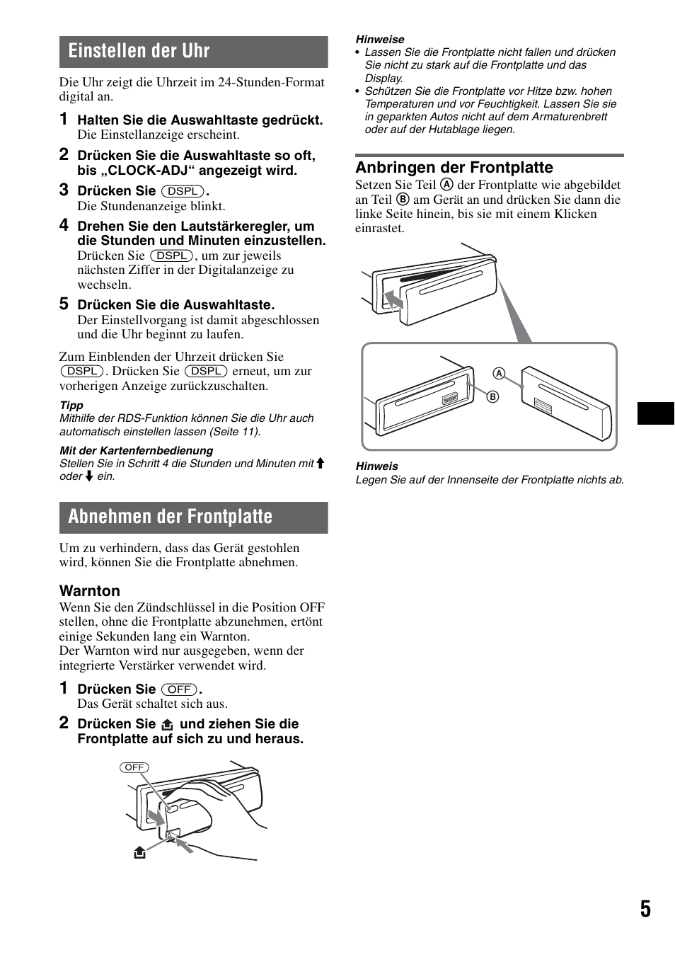 Einstellen der uhr, Abnehmen der frontplatte, Anbringen der frontplatte | Einstellen der uhr abnehmen der frontplatte | Sony CDX-A360 User Manual | Page 23 / 96