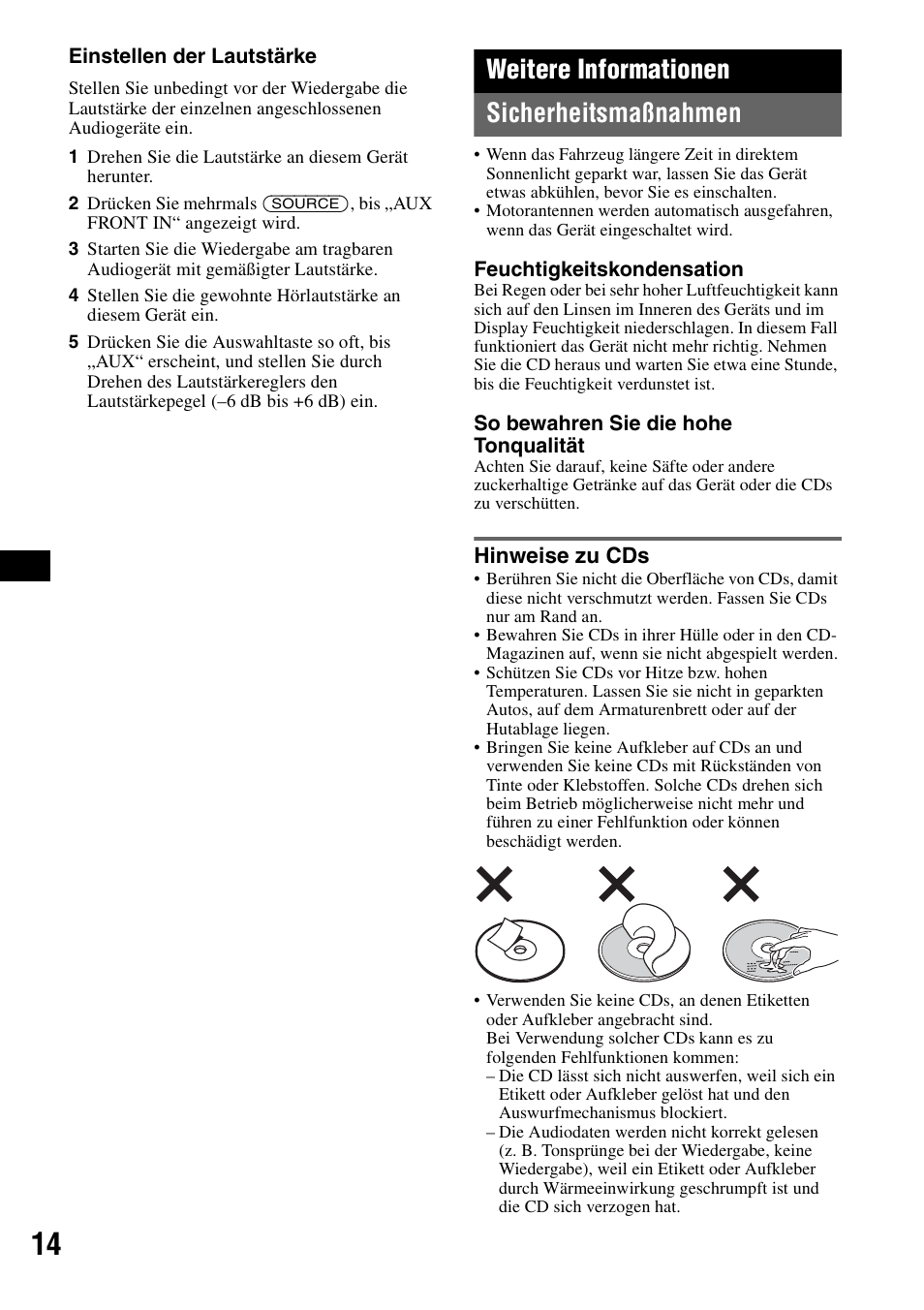 Weitere informationen, Sicherheitsmaßnahmen, Hinweise zu cds | Weitere informationen sicherheitsmaßnahmen | Sony CDX-A360 User Manual | Page 32 / 96