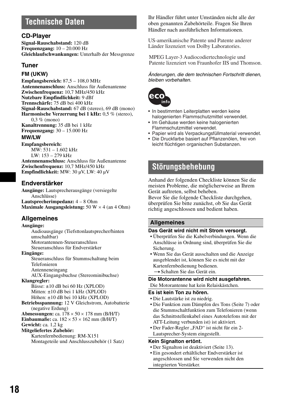 Technische daten, Störungsbehebung, Technische daten störungsbehebung | Sony CDX-A360 User Manual | Page 36 / 96