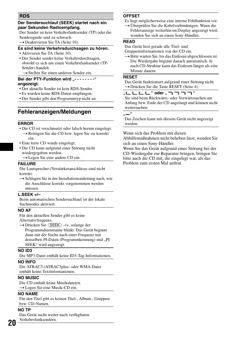 Fehleranzeigen/meldungen | Sony CDX-A360 User Manual | Page 38 / 96