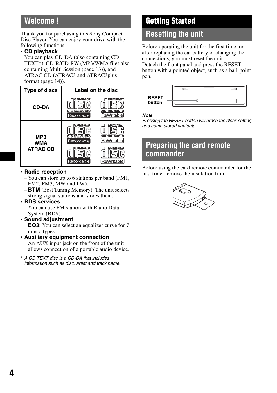 Welcome, Getting started, Resetting the unit | Preparing the card remote commander, Getting started resetting the unit | Sony CDX-A360 User Manual | Page 4 / 96