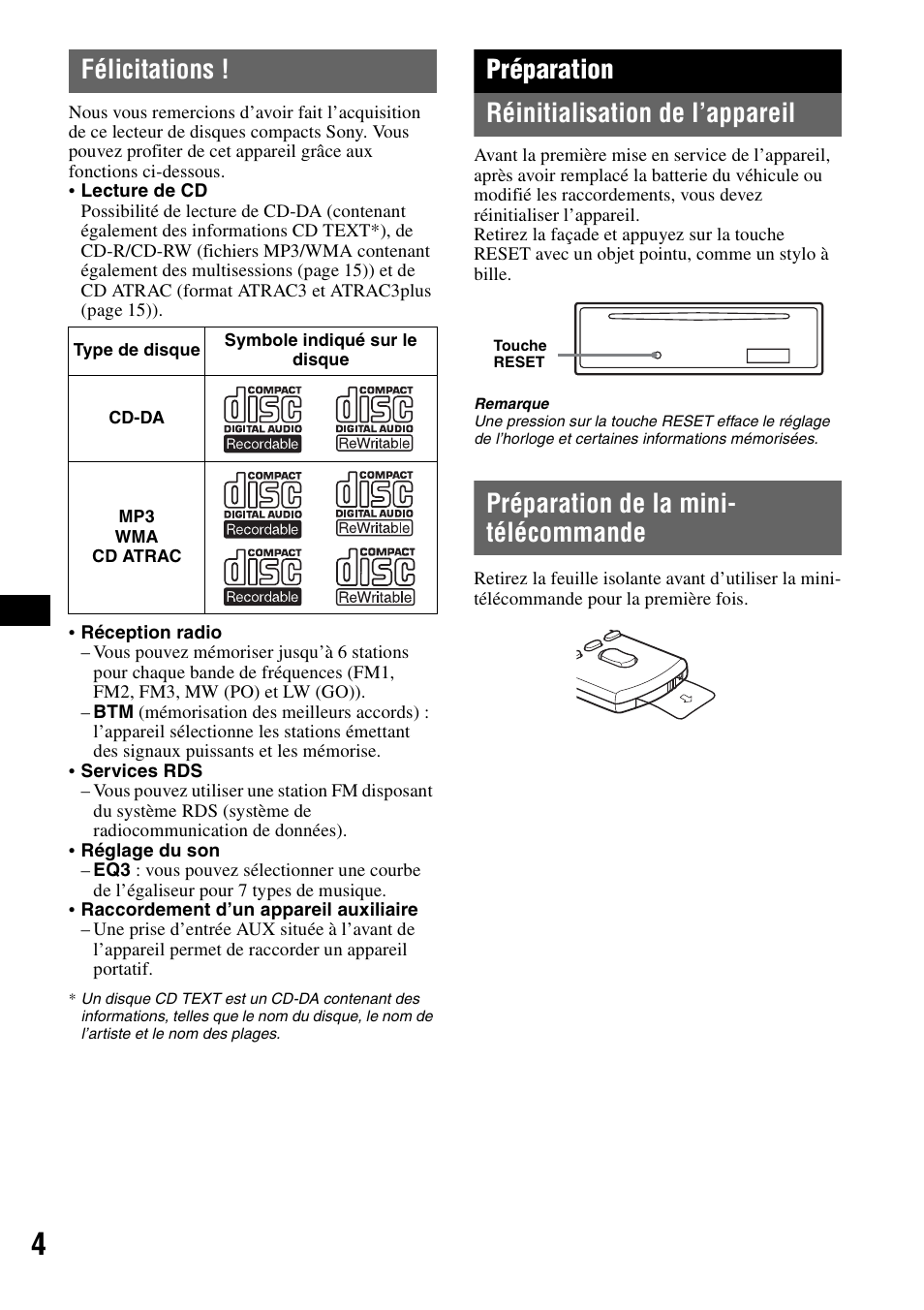 Félicitations, Préparation, Réinitialisation de l’appareil | Préparation de la mini- télécommande, Préparation réinitialisation de l’appareil | Sony CDX-A360 User Manual | Page 42 / 96