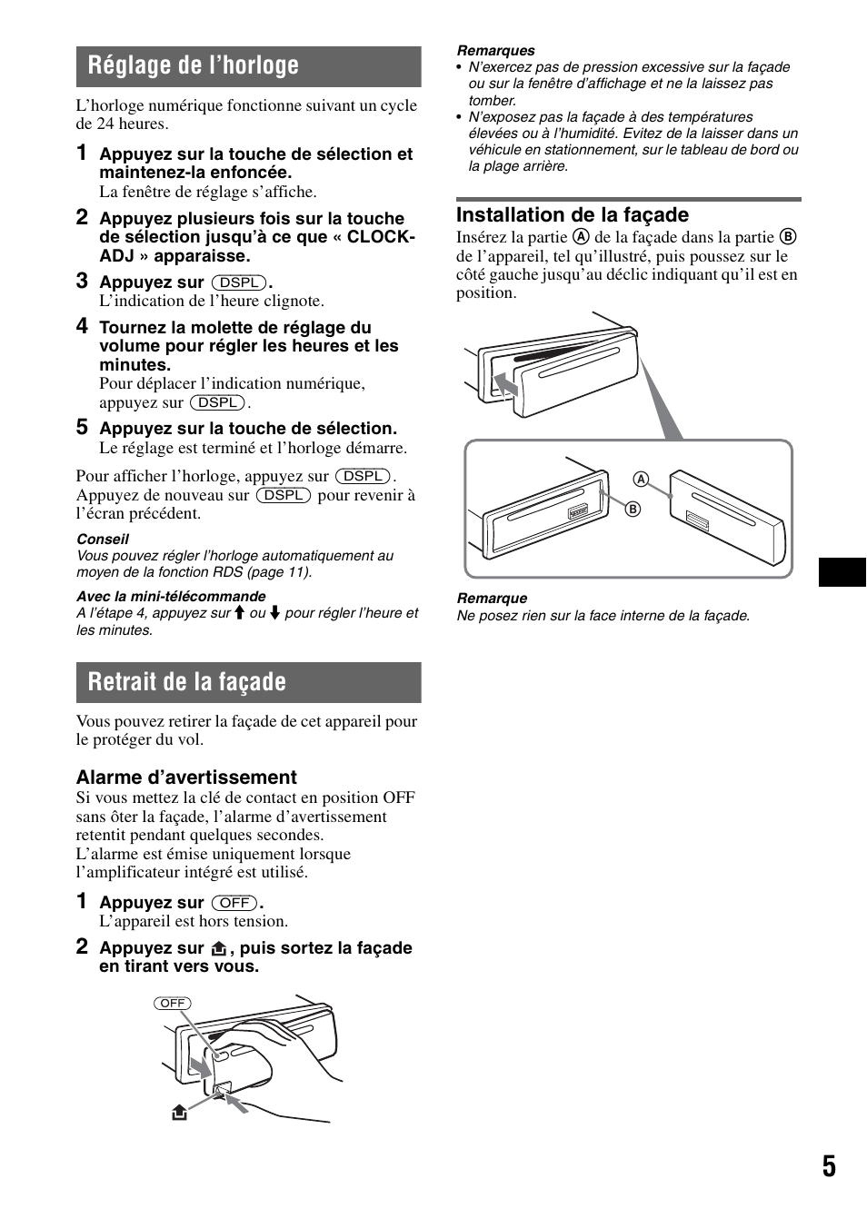 Réglage de l’horloge, Retrait de la façade, Installation de la façade | Réglage de l’horloge retrait de la façade | Sony CDX-A360 User Manual | Page 43 / 96