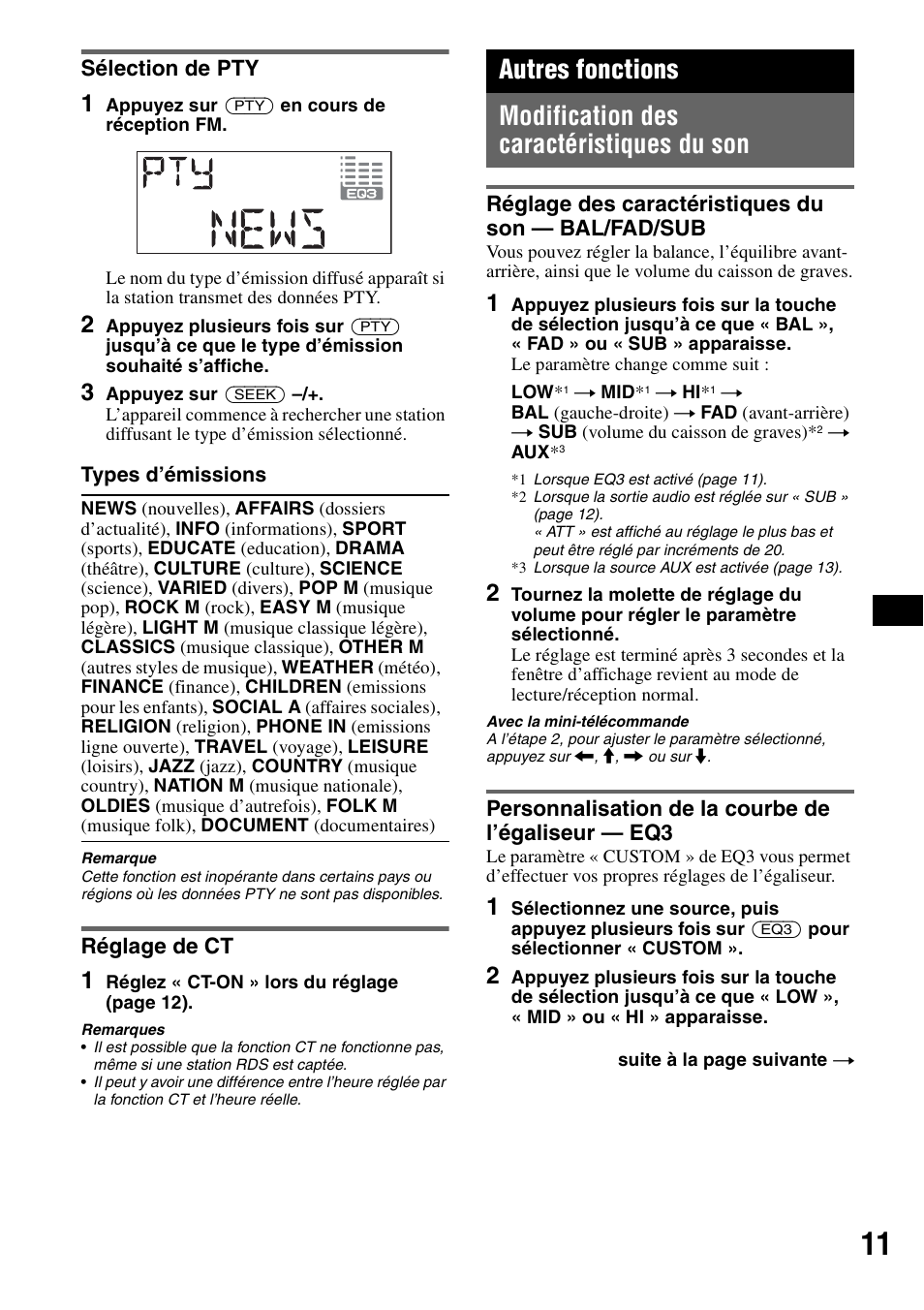 Sélection de pty, Réglage de ct, Autres fonctions | Modification des caractéristiques du son, Réglage des caractéristiques du son - bal/fad/sub, Personnalisation de la courbe de l’égaliseur - eq3, Sélection de pty réglage de ct, Réglage des caractéristiques du son | Sony CDX-A360 User Manual | Page 49 / 96