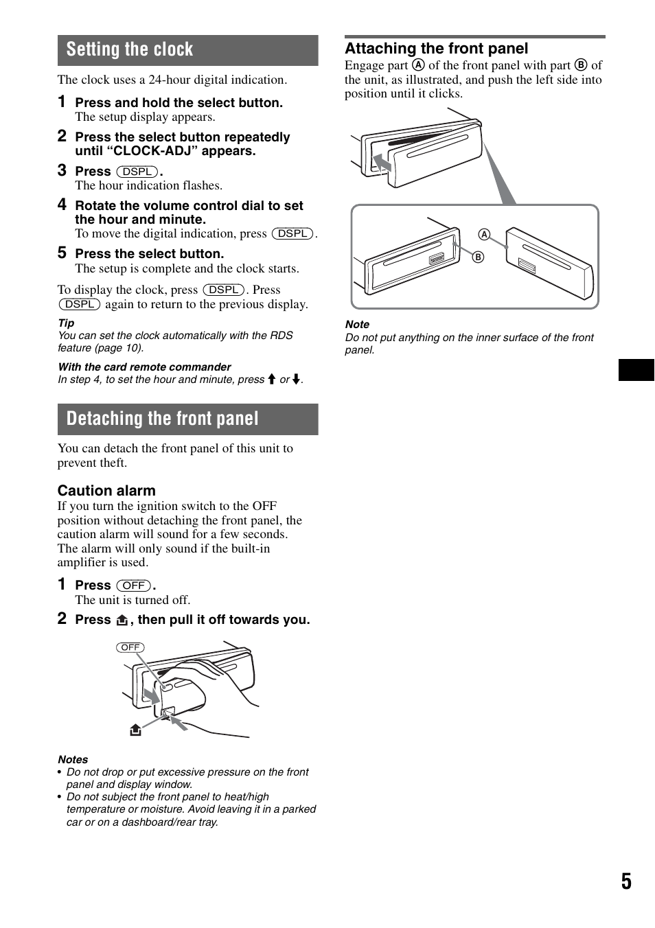 Setting the clock, Detaching the front panel, Attaching the front panel | Setting the clock detaching the front panel | Sony CDX-A360 User Manual | Page 5 / 96