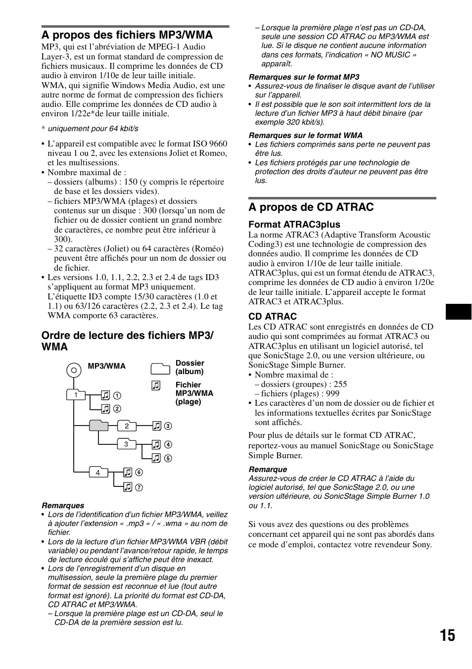 A propos des fichiers mp3/wma, A propos de cd atrac, A propos des fichiers mp3/wma a propos de cd atrac | Ordre de lecture des fichiers mp3/ wma | Sony CDX-A360 User Manual | Page 53 / 96