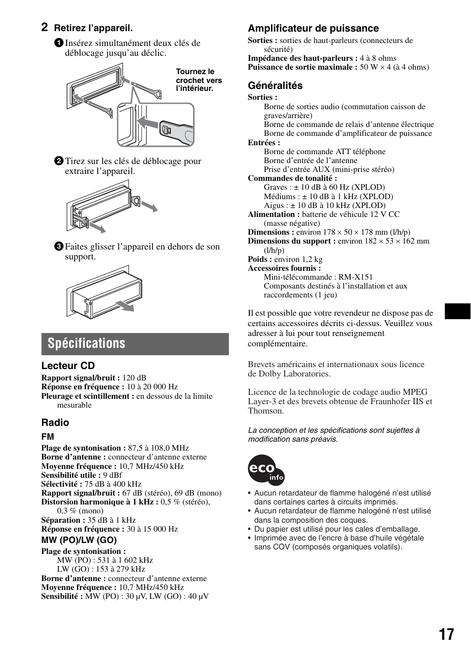 Spécifications | Sony CDX-A360 User Manual | Page 55 / 96