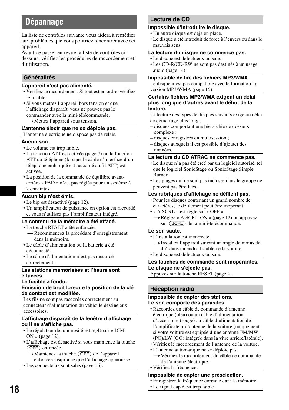 Dépannage | Sony CDX-A360 User Manual | Page 56 / 96