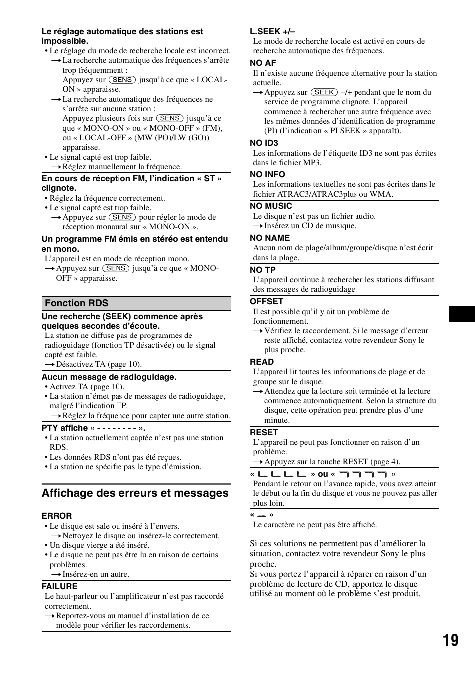 Affichage des erreurs et messages | Sony CDX-A360 User Manual | Page 57 / 96