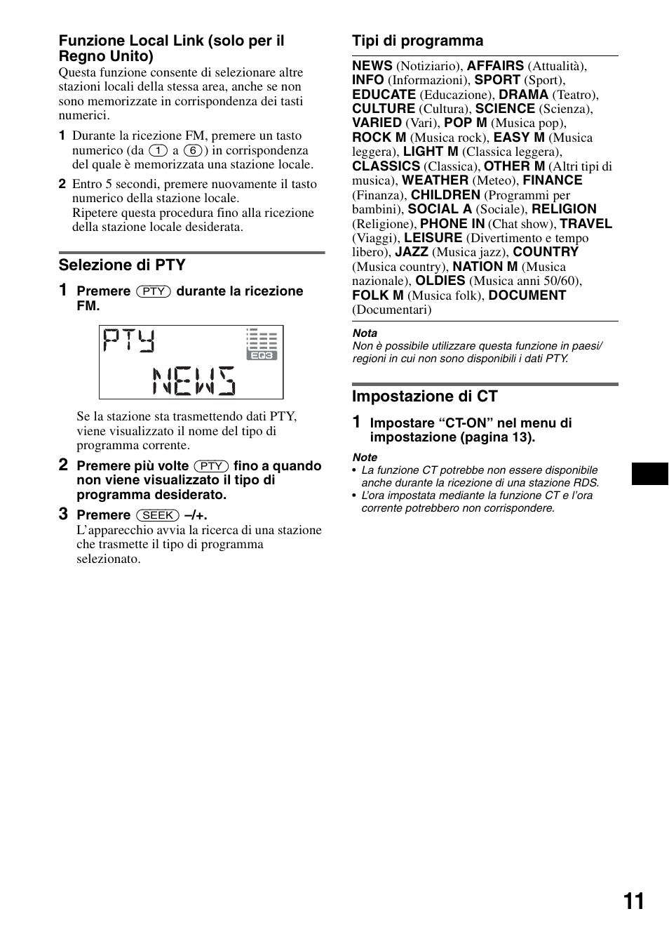 Selezione di pty, Impostazione di ct, Selezione di pty impostazione di ct | Sony CDX-A360 User Manual | Page 67 / 96