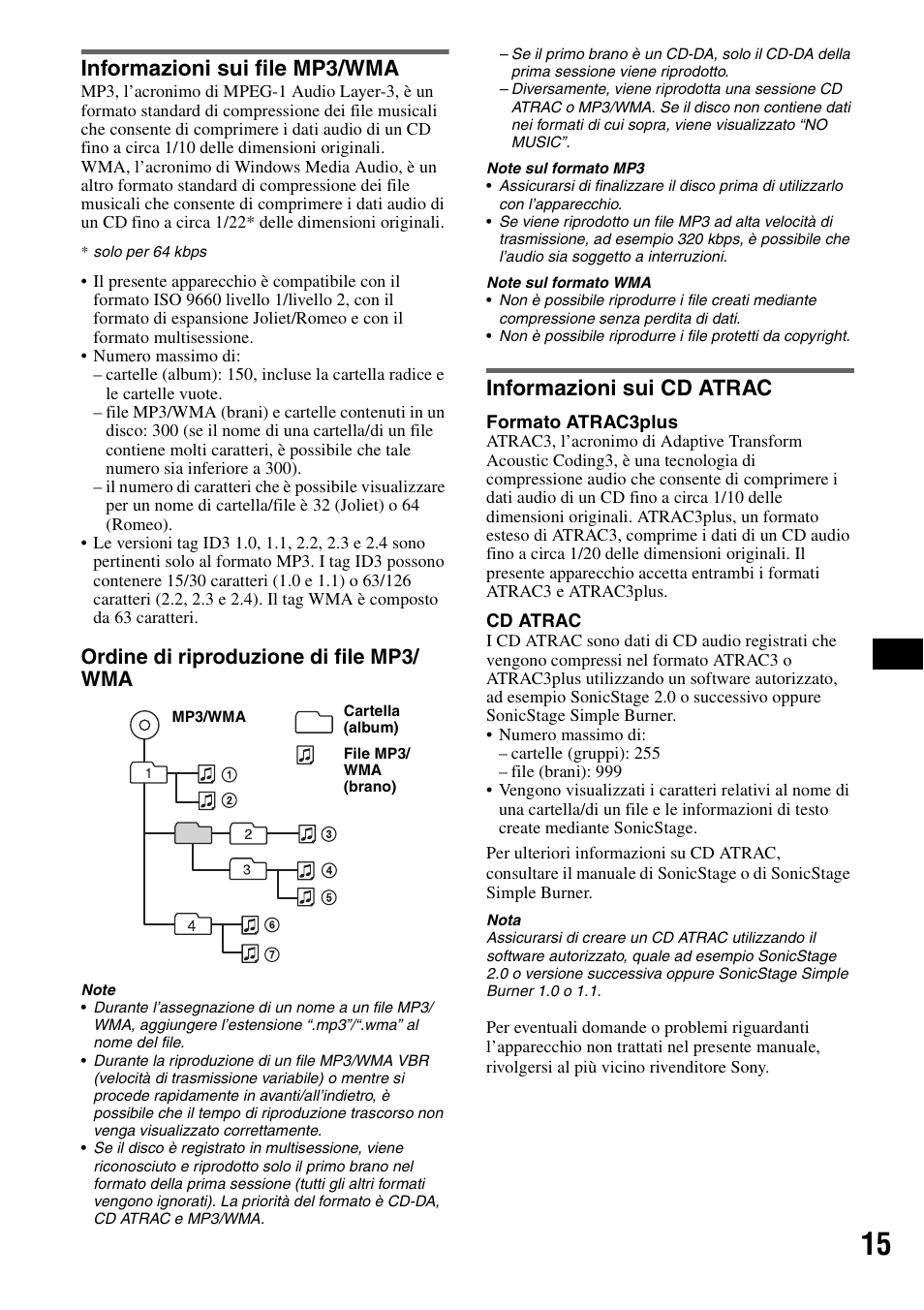 Informazioni sui file mp3/wma, Informazioni sui cd atrac, Ordine di riproduzione di file mp3/ wma | Sony CDX-A360 User Manual | Page 71 / 96