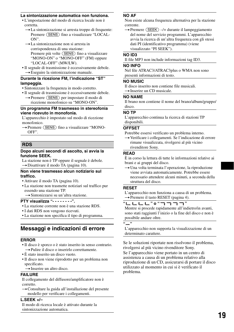 Messaggi e indicazioni di errore | Sony CDX-A360 User Manual | Page 75 / 96