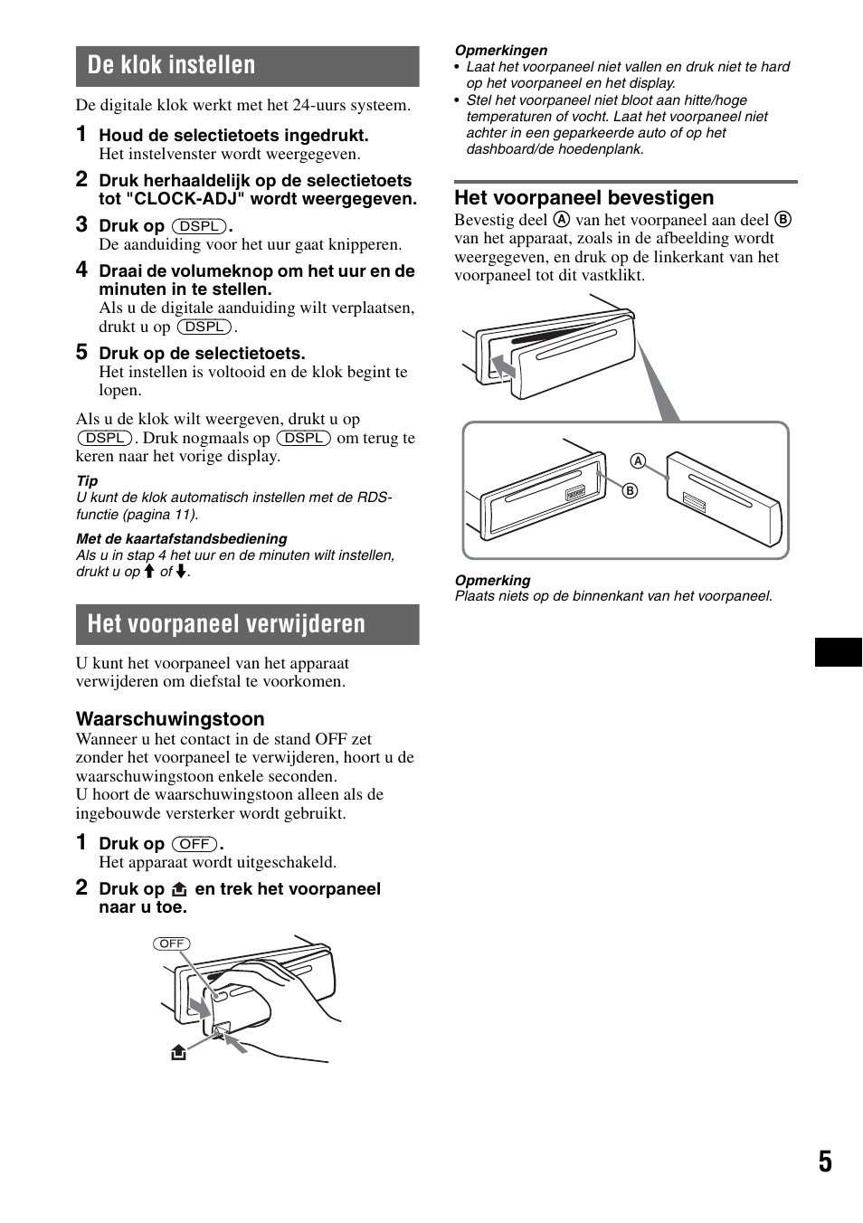 De klok instellen, Het voorpaneel verwijderen, Het voorpaneel bevestigen | De klok instellen het voorpaneel verwijderen | Sony CDX-A360 User Manual | Page 79 / 96