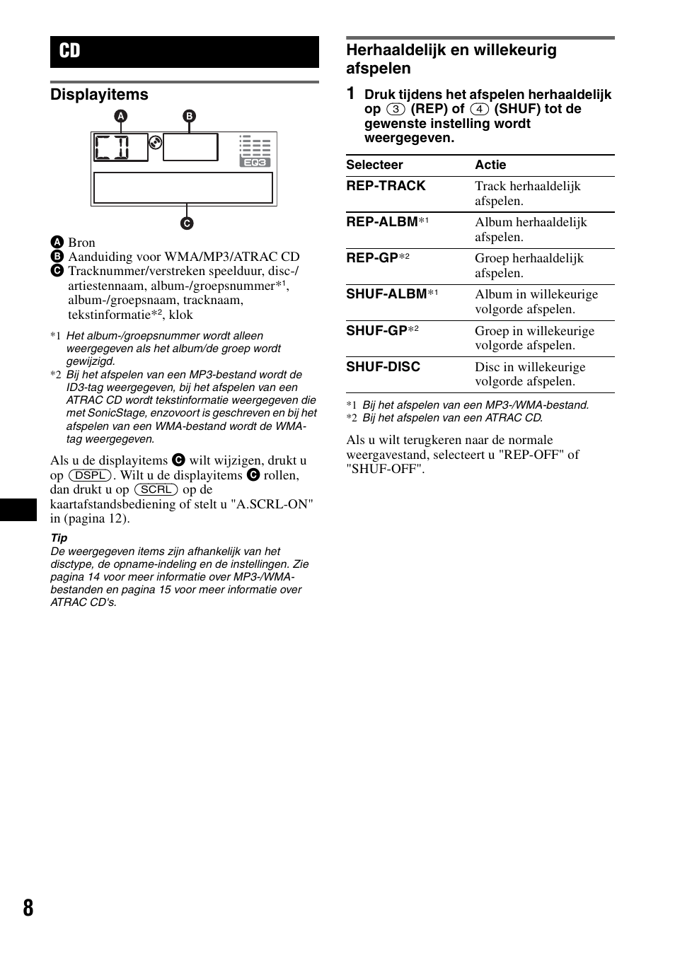 Displayitems, Herhaaldelijk en willekeurig afspelen, Displayitems herhaaldelijk en willekeurig afspelen | Shuf 8 | Sony CDX-A360 User Manual | Page 82 / 96