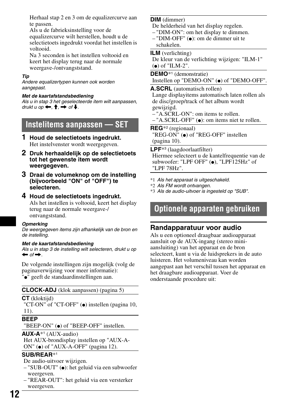 Instelitems aanpassen - set, Optionele apparaten gebruiken, Randapparatuur voor audio | Instelitems aanpassen — set | Sony CDX-A360 User Manual | Page 86 / 96