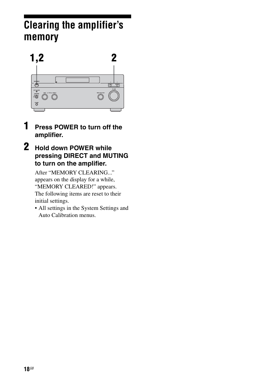 Clearing the amplifier’s memory | Sony TA-FA1200ES User Manual | Page 18 / 91