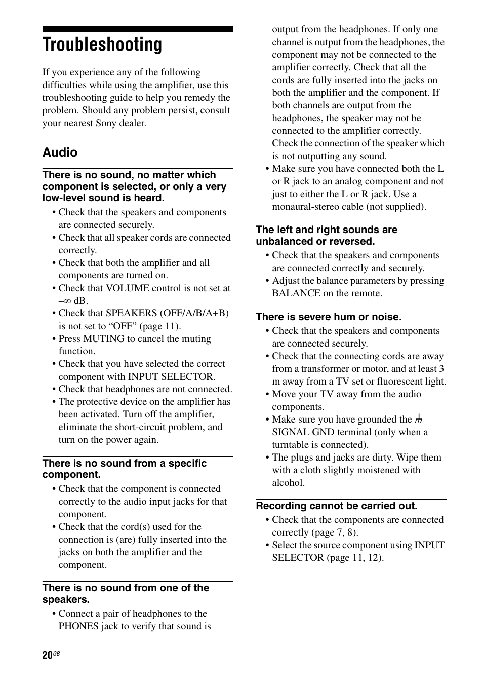Troubleshooting, Audio | Sony TA-FA1200ES User Manual | Page 20 / 91