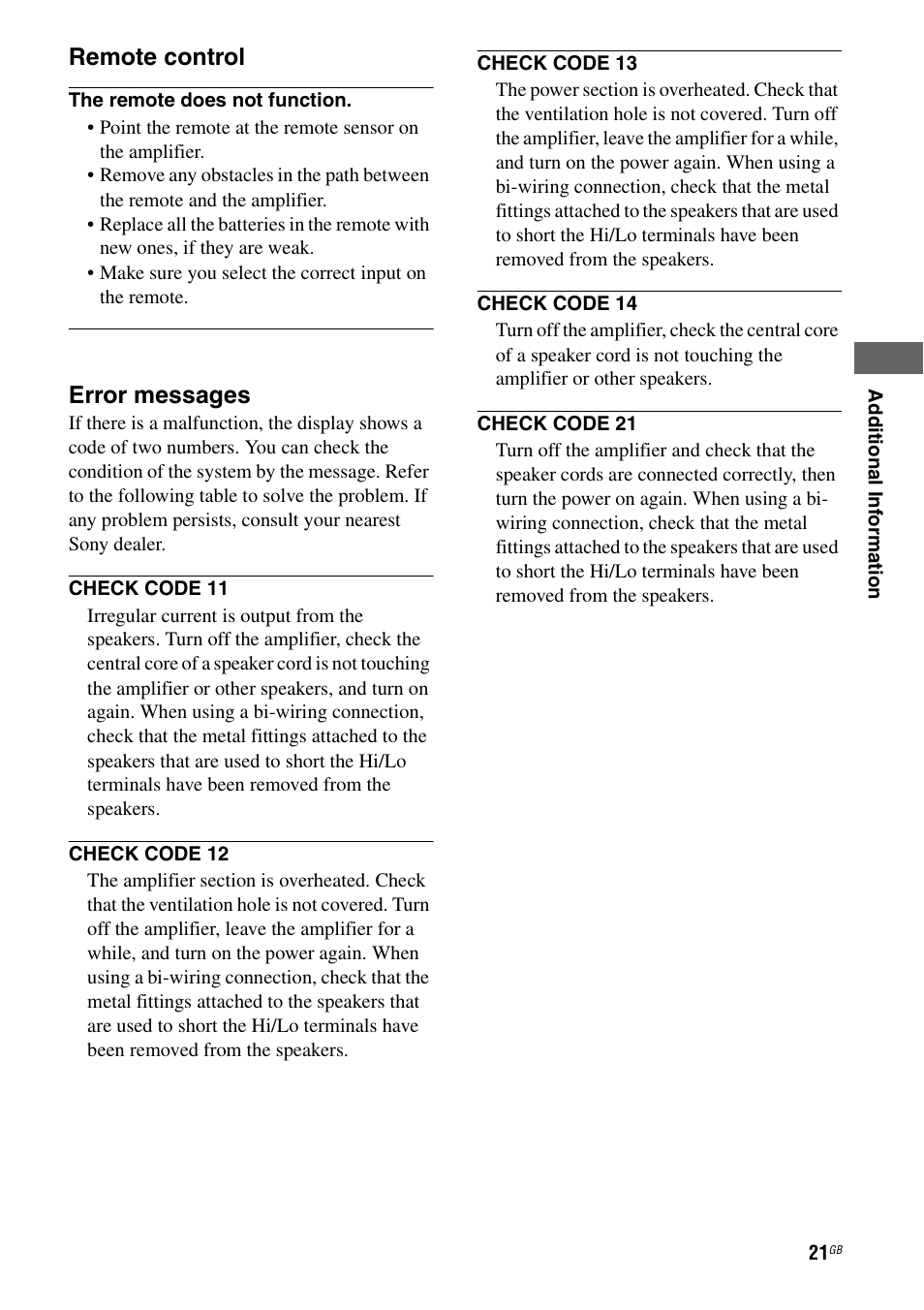 Remote control, Error messages | Sony TA-FA1200ES User Manual | Page 21 / 91