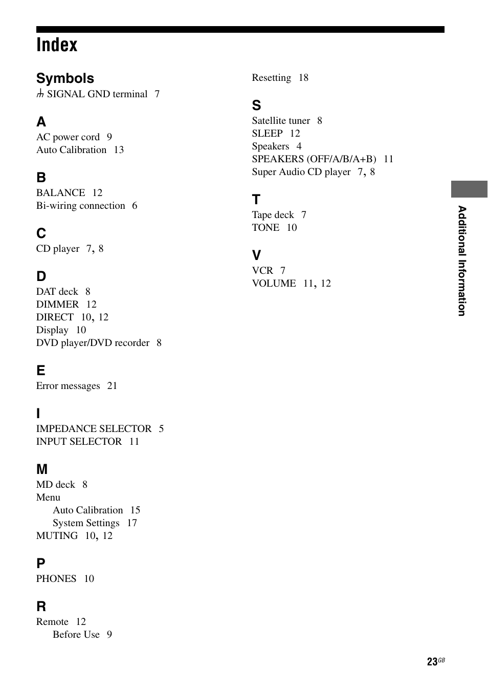 Index, Symbols | Sony TA-FA1200ES User Manual | Page 23 / 91