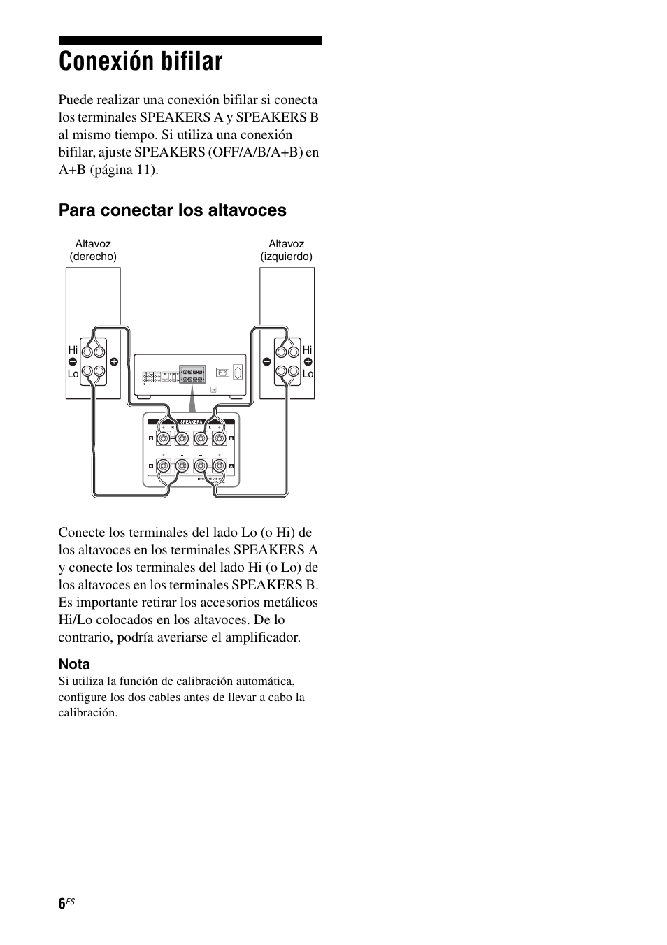 Conexión bifilar, Para conectar los altavoces | Sony TA-FA1200ES User Manual | Page 28 / 91