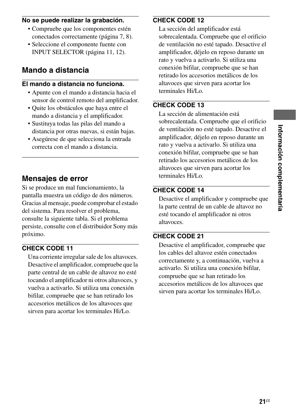 Mando a distancia, Mensajes de error | Sony TA-FA1200ES User Manual | Page 43 / 91