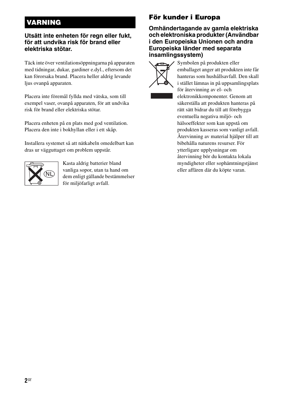 För kunder i europa, Varning | Sony TA-FA1200ES User Manual | Page 46 / 91