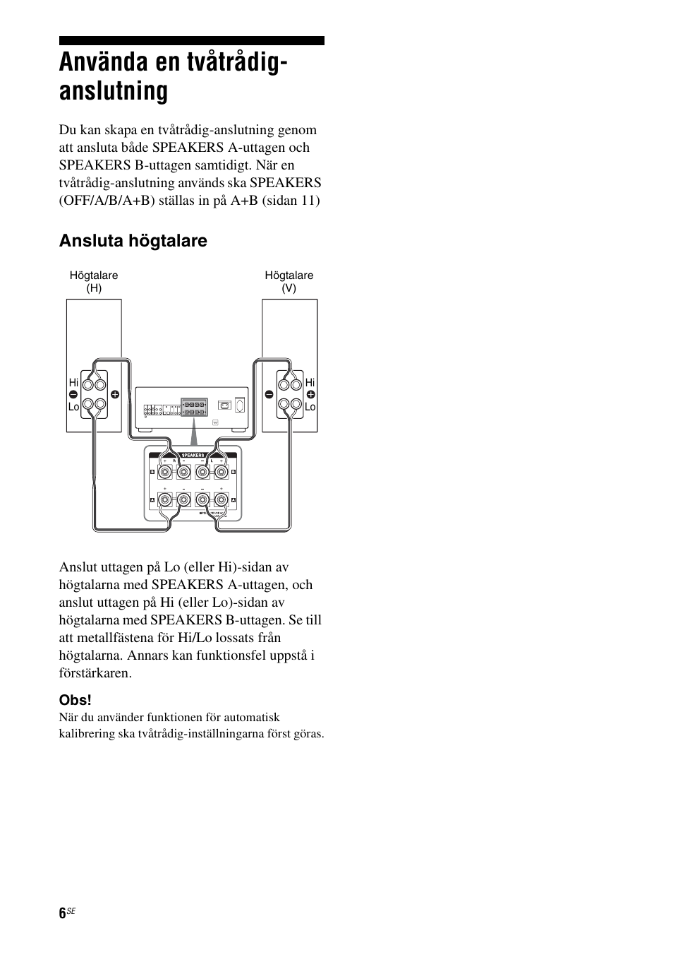 Använda en tvåtrådig- anslutning, Använda en tvåtrådig-anslutning, Ansluta högtalare | Sony TA-FA1200ES User Manual | Page 50 / 91