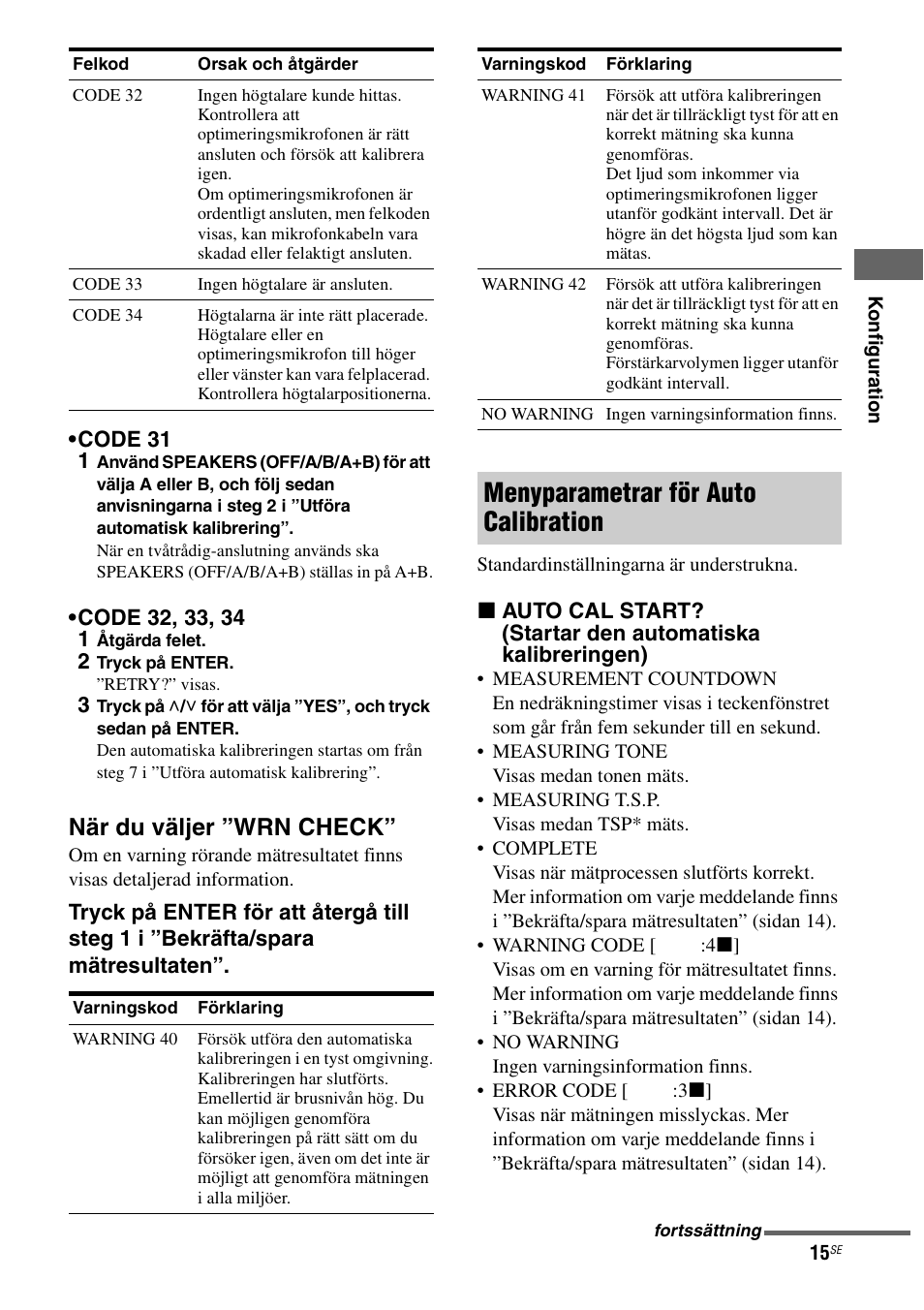 När du väljer ”wrn check, Menyparametrar för auto calibration | Sony TA-FA1200ES User Manual | Page 59 / 91