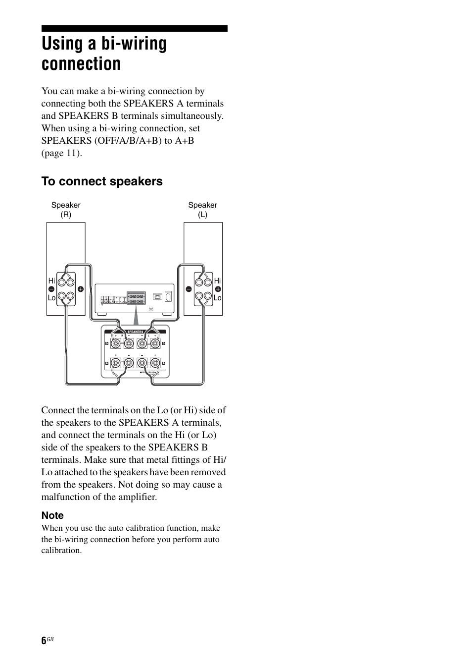 Using a bi-wiring connection | Sony TA-FA1200ES User Manual | Page 6 / 91