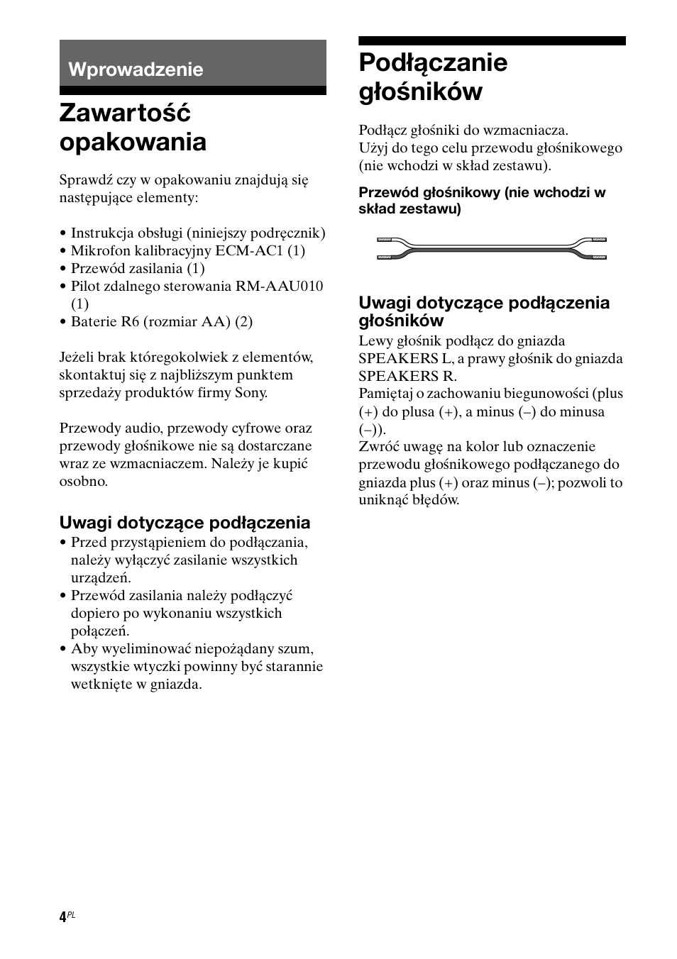 Wprowadzenie, Zawartość opakowania, Podłączanie głośników | Zawartość opakowania podłączanie głośników | Sony TA-FA1200ES User Manual | Page 70 / 91