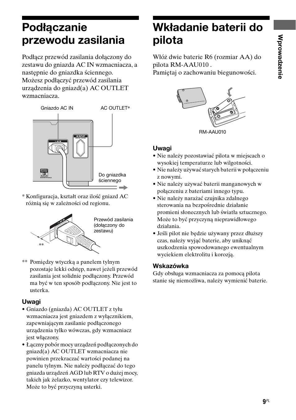 Podłączanie przewodu zasilania, Wkładanie baterii do pilota | Sony TA-FA1200ES User Manual | Page 75 / 91