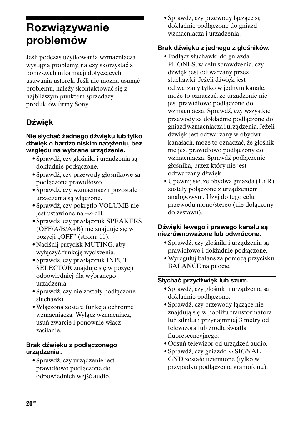 Rozwiązywanie problemów, Dźwięk | Sony TA-FA1200ES User Manual | Page 86 / 91