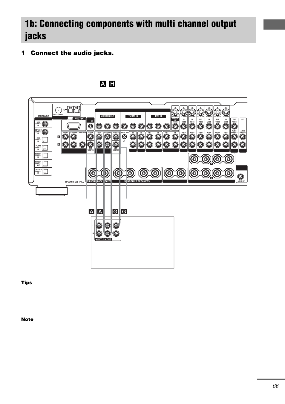 1b: connecting components with, Multi channel output jacks, Ge tting star te d | 1connect the audio jacks, H), see page 7, Continued, Multi channel input 2, A a g g, Multi channel input 1, Tips | Sony STR-DA5000ES User Manual | Page 11 / 68