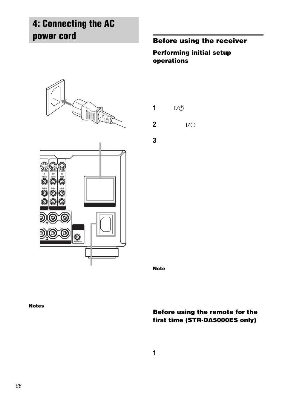 Connecting the ac power cord, Before using the receiver, Performing initial setup operations | Ac outlet | Sony STR-DA5000ES User Manual | Page 18 / 68