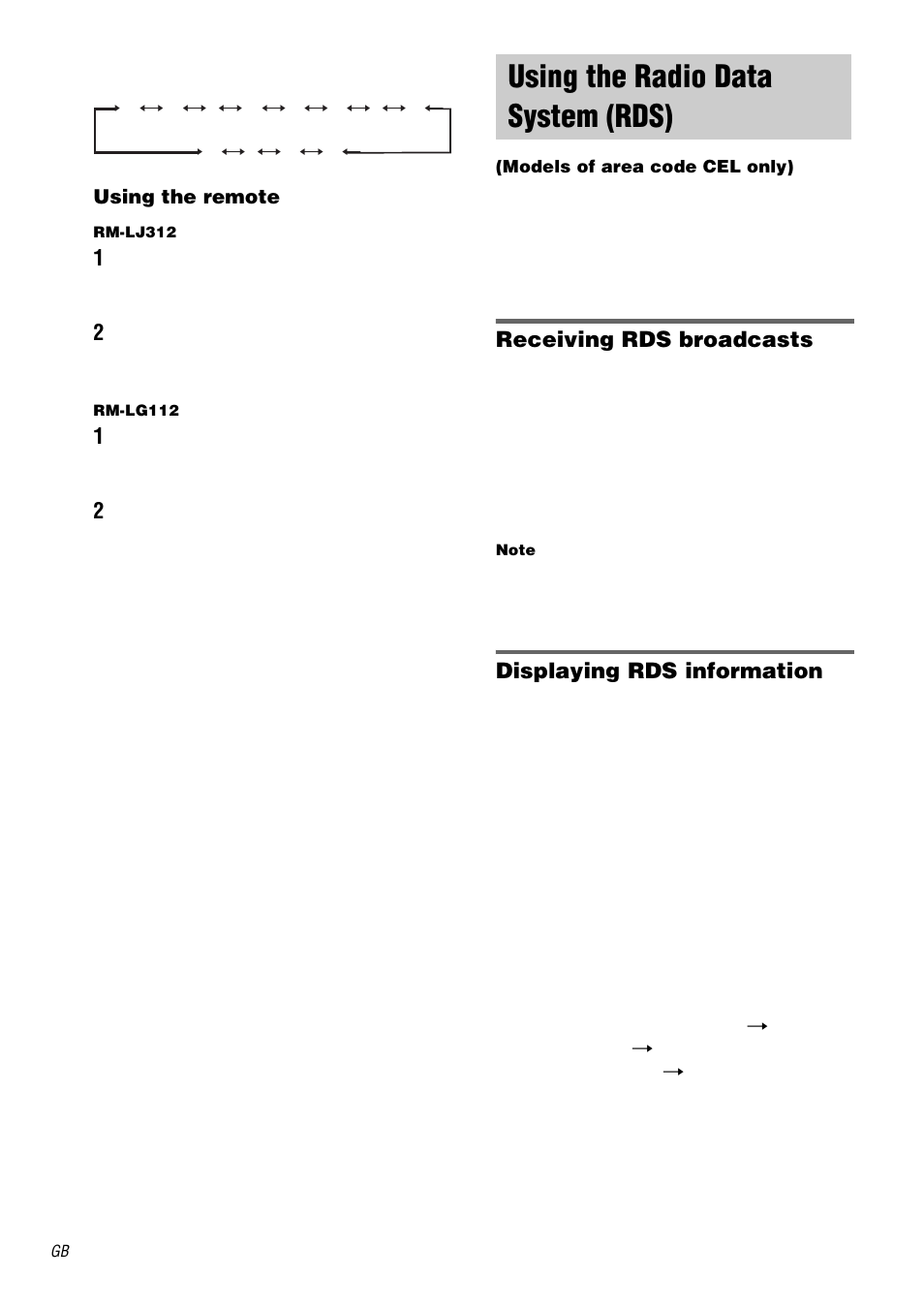 Using the radio data system (rds), Models of area code cel only), Receiving rds broadcasts | Displaying rds information | Sony STR-DA5000ES User Manual | Page 28 / 68