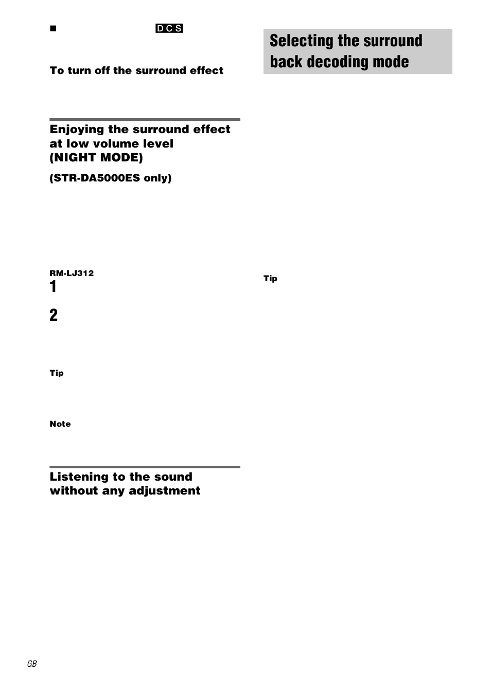 Selecting the surround back decoding mode, Surr back decoding, Selecting the surround back decoding | Mode — surr back decoding | Sony STR-DA5000ES User Manual | Page 36 / 68