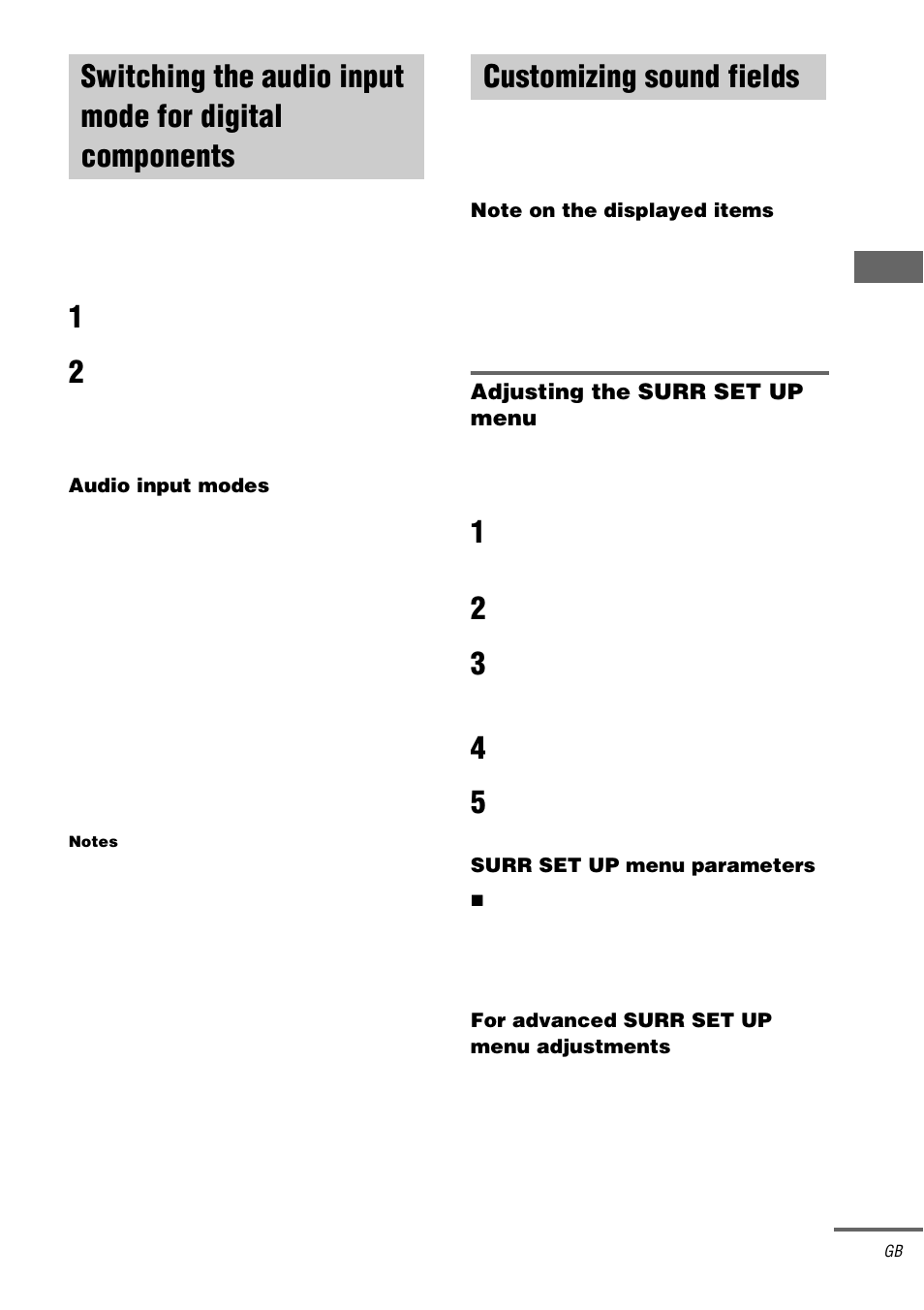 Input mode, Customizing sound fields, Switching the audio input mode for digital | Components — input mode | Sony STR-DA5000ES User Manual | Page 39 / 68