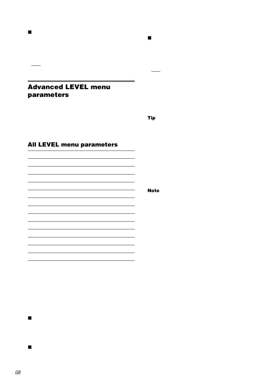 Advanced level menu parameters, All level menu parameters | Sony STR-DA5000ES User Manual | Page 46 / 68