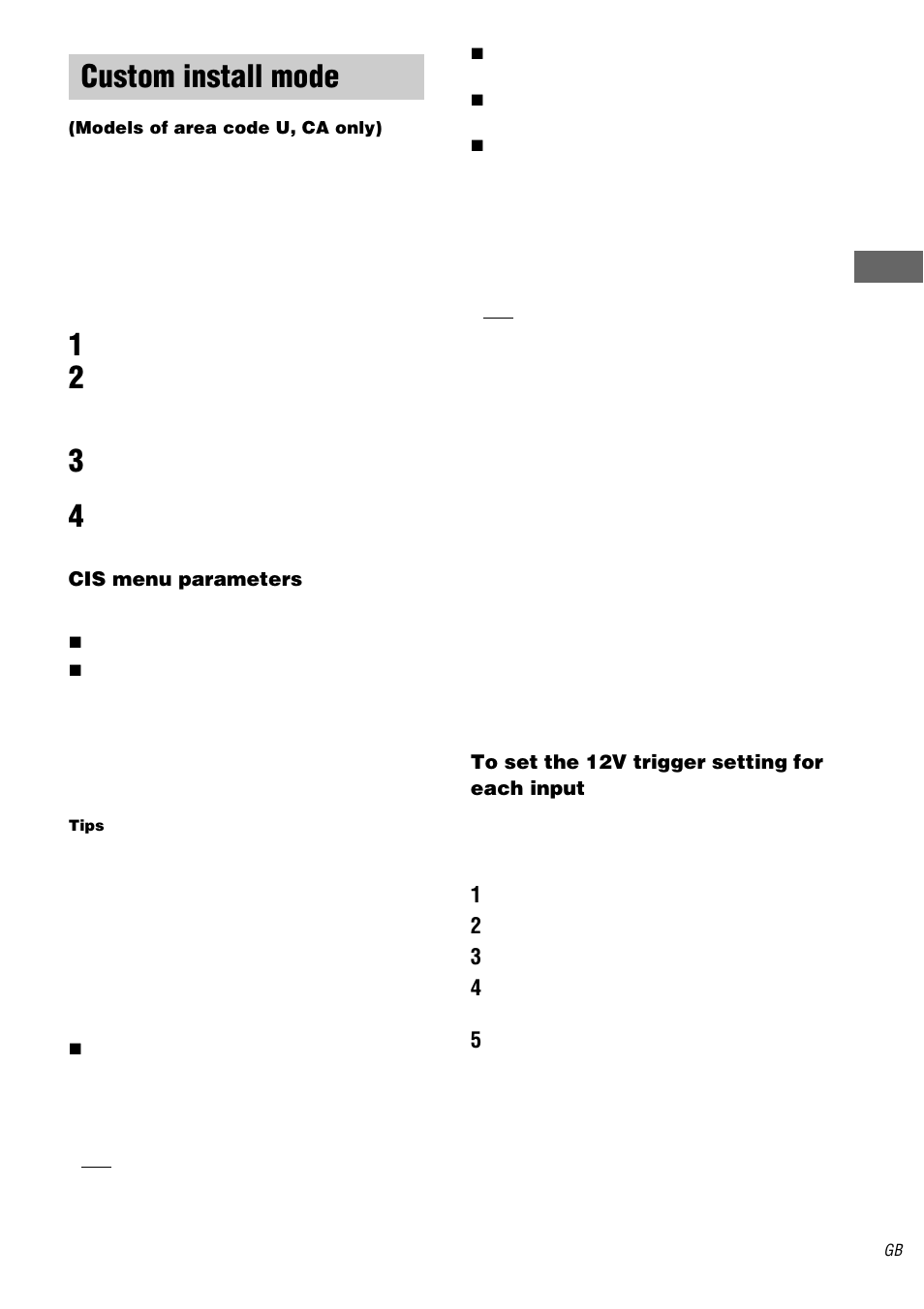 Custom install mode, Models of area code u, ca only) | Sony STR-DA5000ES User Manual | Page 47 / 68