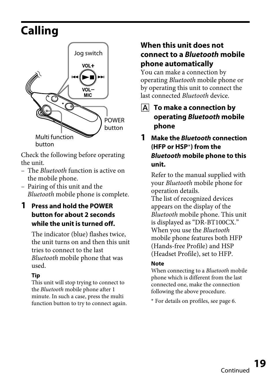 Calling | Sony DR-BT100CX User Manual | Page 19 / 32