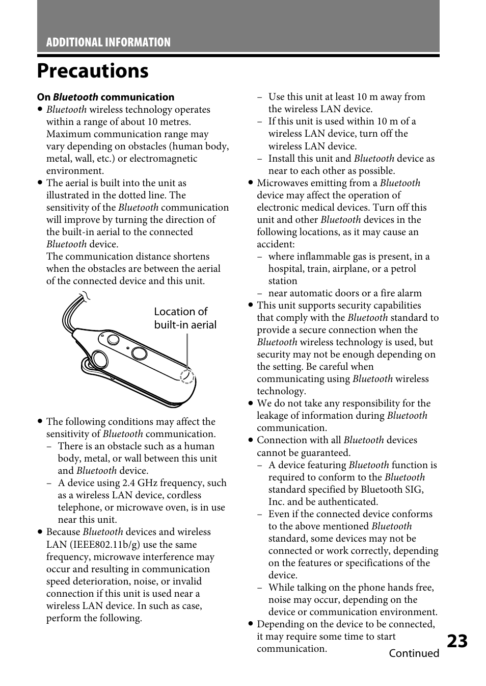 Precautions, Additional information | Sony DR-BT100CX User Manual | Page 23 / 32