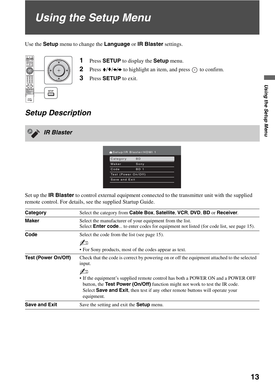 Using the setup menu, Setup description, Ir blaster | Press setup to display the setup menu, Press setup to exit | Sony DMX-WL1 User Manual | Page 13 / 24