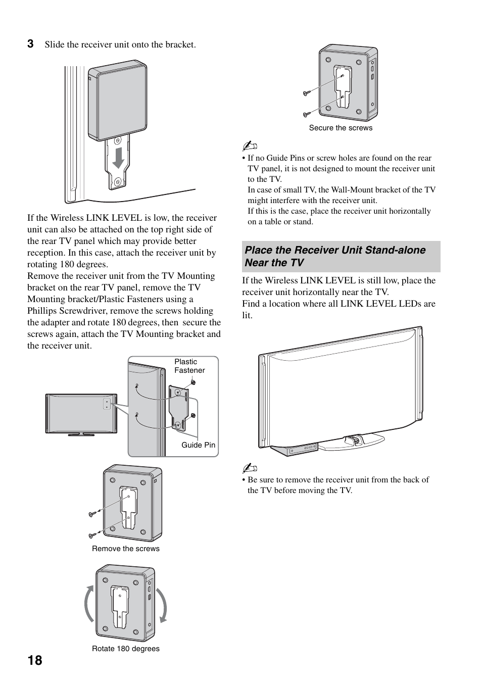 Place the receiver unit stand-alone near the tv | Sony DMX-WL1 User Manual | Page 18 / 24