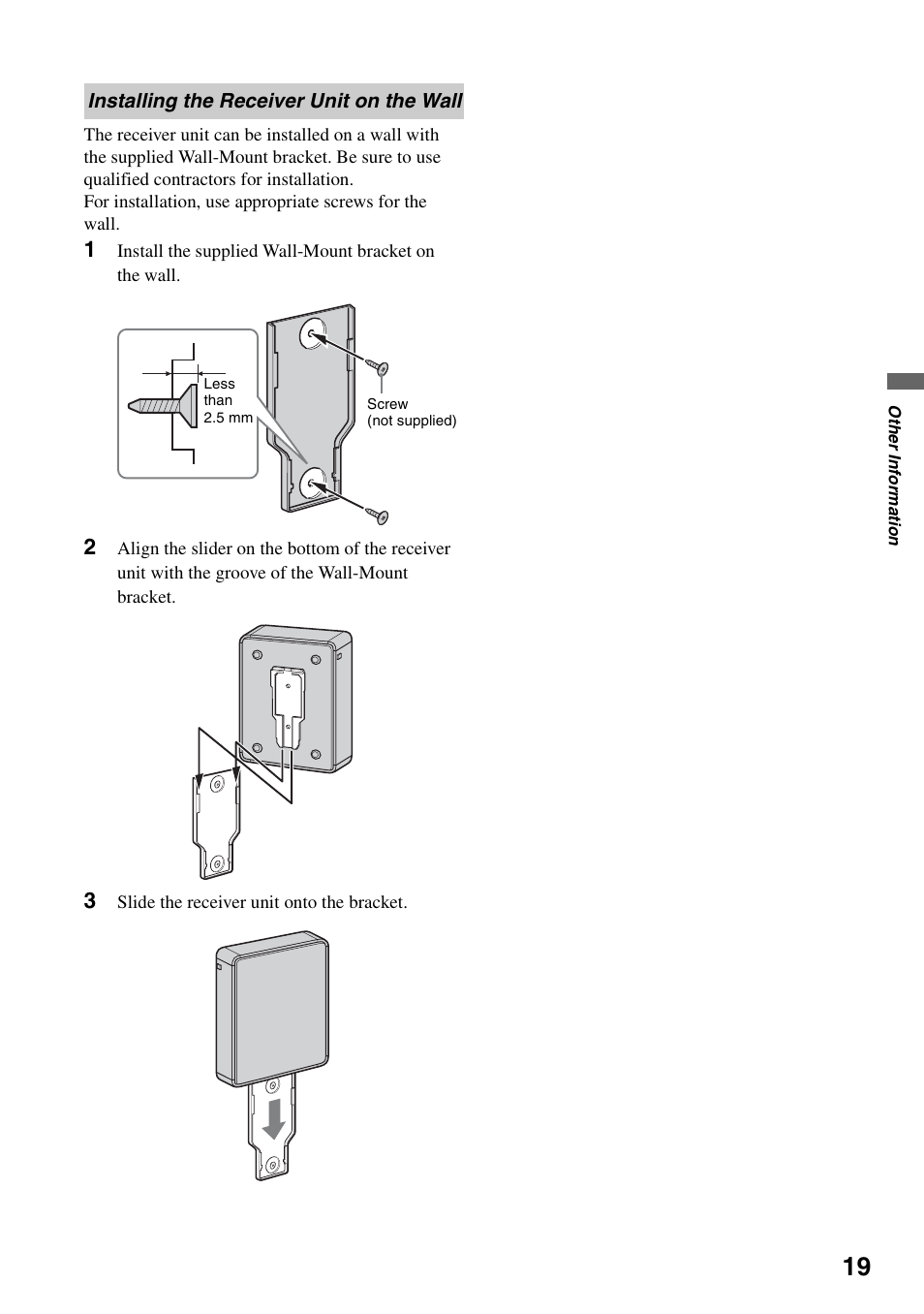 Installing the receiver unit on the wall | Sony DMX-WL1 User Manual | Page 19 / 24