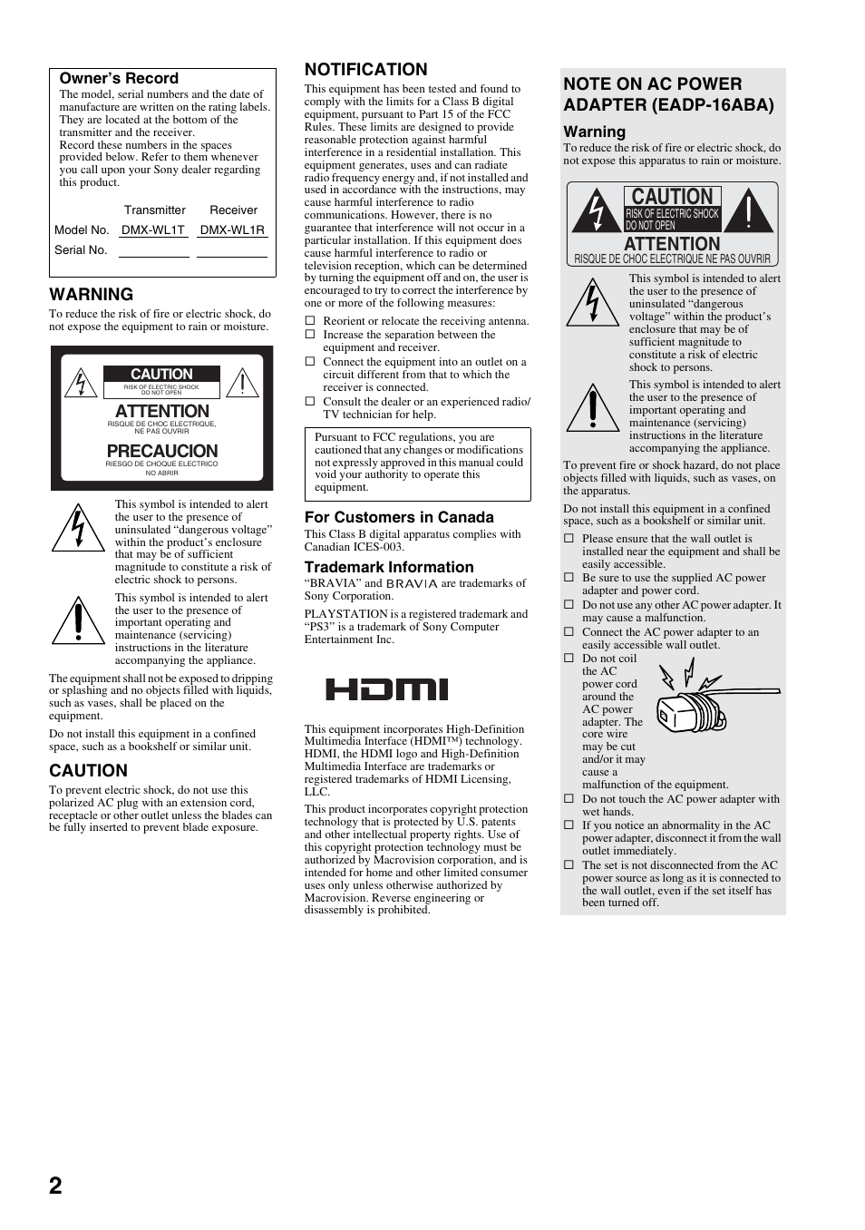 Warning, Caution, Notification | Attention, Precaucion | Sony DMX-WL1 User Manual | Page 2 / 24